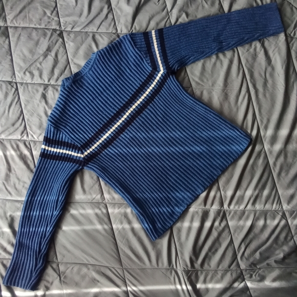 Women's Greendog Blue Ribbed All Over Crew Neck Knit Sweater Size Small Striped - Picture 8 of 11